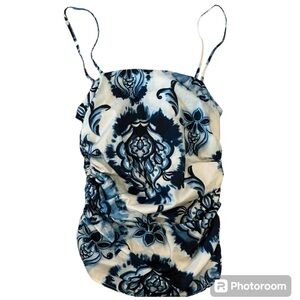 Zara Blue/White Paisley Floral Ruched Sides Top Size S